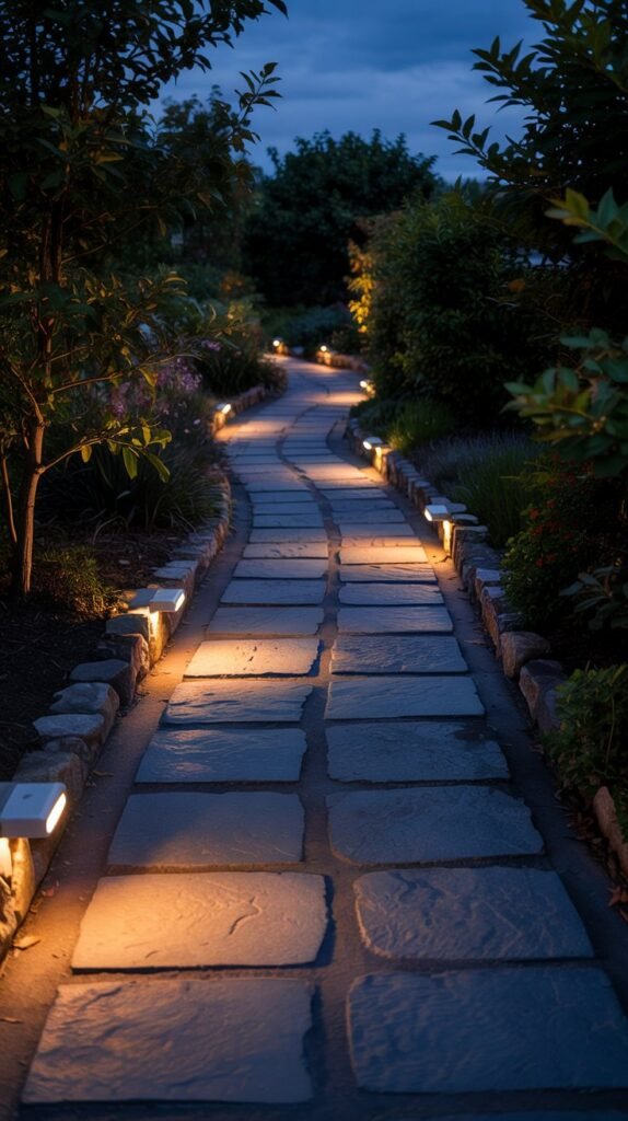 Curved garden path lined with multiple warm low-profile lights creating leading lines and depth.