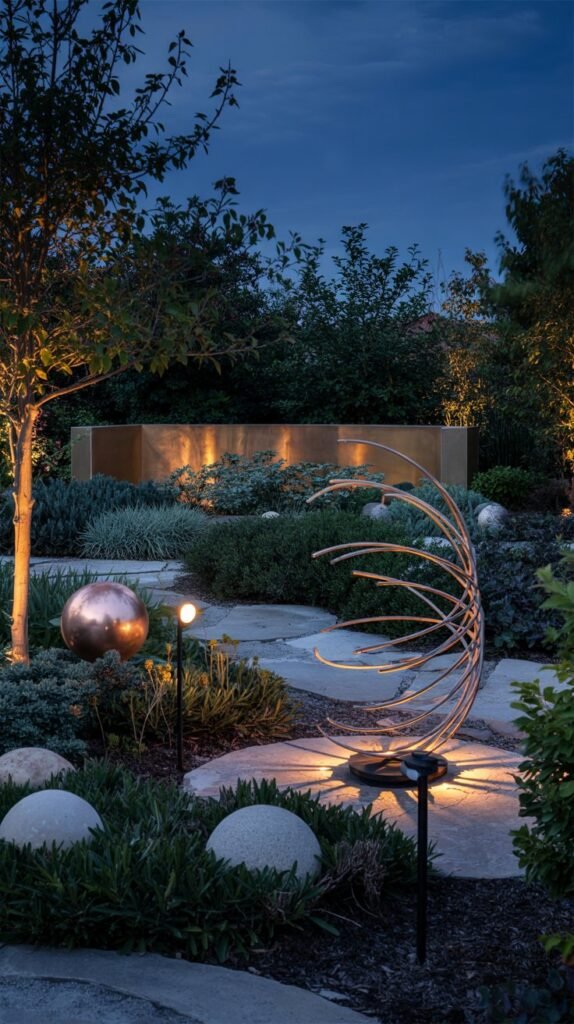 Dusk view of a small garden with copper and steel ornaments catching warm uplighting, creating layered reflections from foreground to background