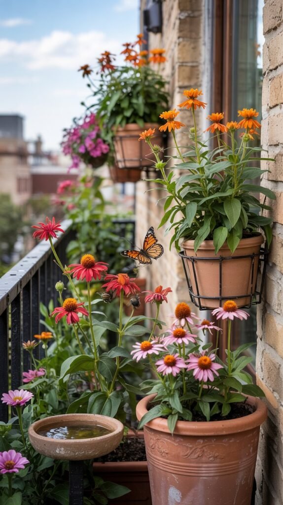 Sunlit balcony planter with butterfly weed, bee balm, purple coneflower, trailing zinnias and a monarch butterfly.

