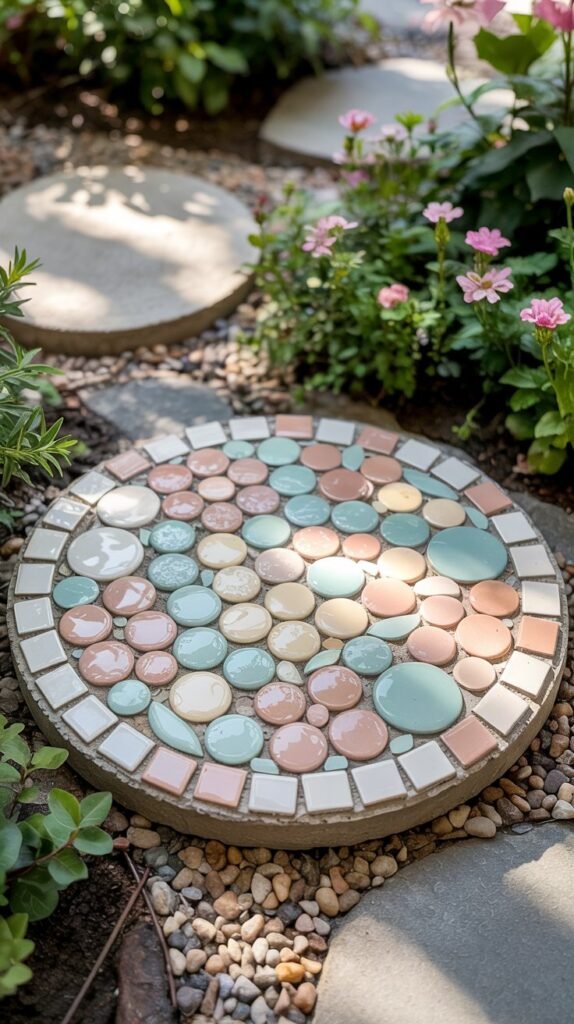 Round mosaic stepping stone with pastel floral tiles on a garden path.