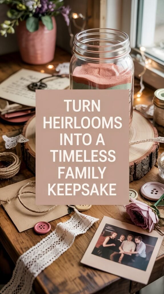 Family Heritage Jar with heirloom buttons, lace and layered sand.