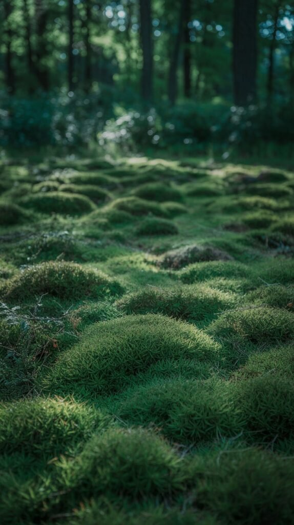 Seamless, lawn-like carpet of dense sheet moss with morning dew and soft dappled shade.