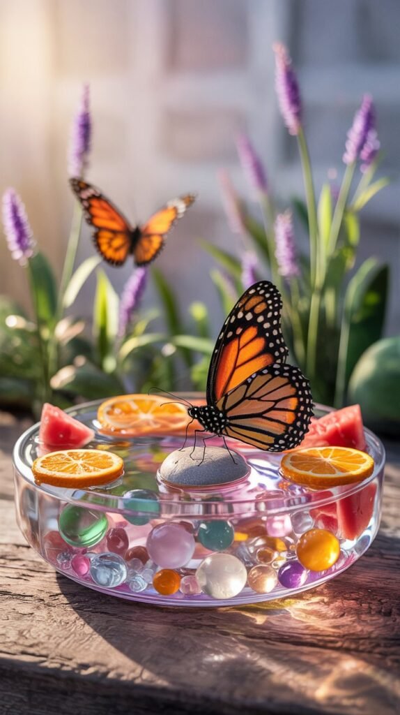 Shallow colorful dish with pebbles, fruit and water; a butterfly perches on the edge.

