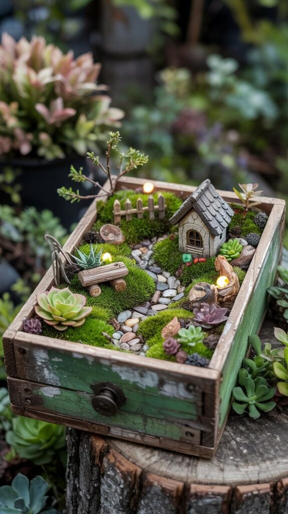 Fairy garden in a vintage drawer with moss, miniature house and pebble path.
