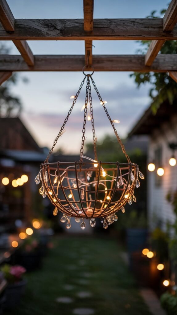 hanging basket wrapped in glowing solar string lights, hanging in a garden at dusk.