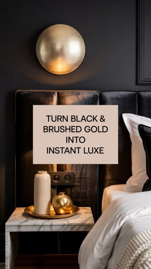 Black velvet headboard with brushed gold mirror