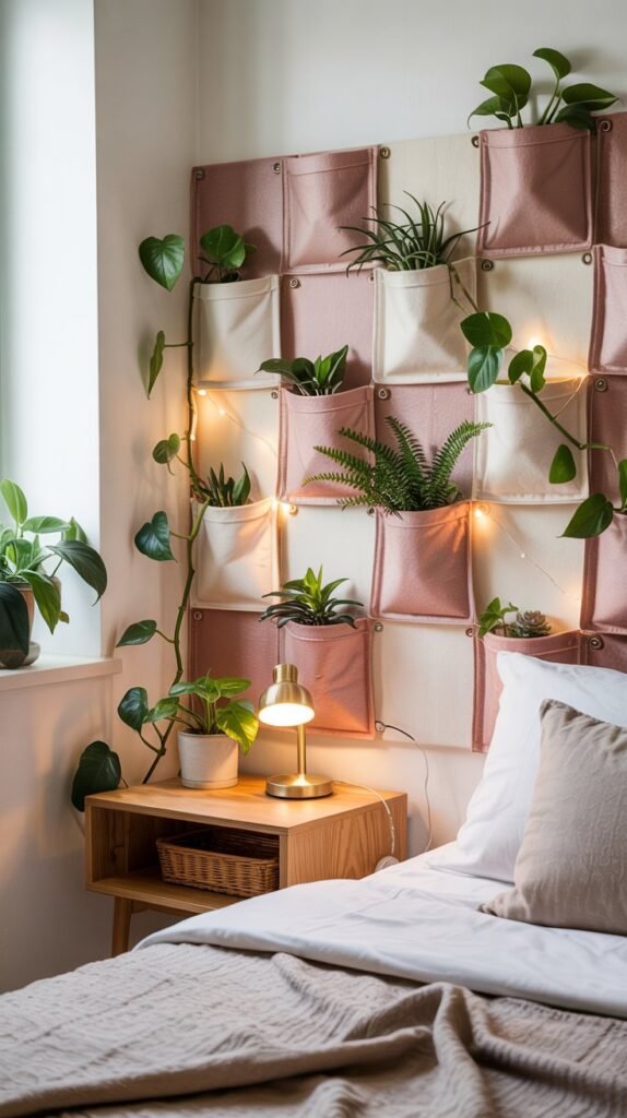 Blush felt pocket planters on a bedroom wall filled with pothos, spider plant and ferns beside a cozy beige linen bed and brass lamp