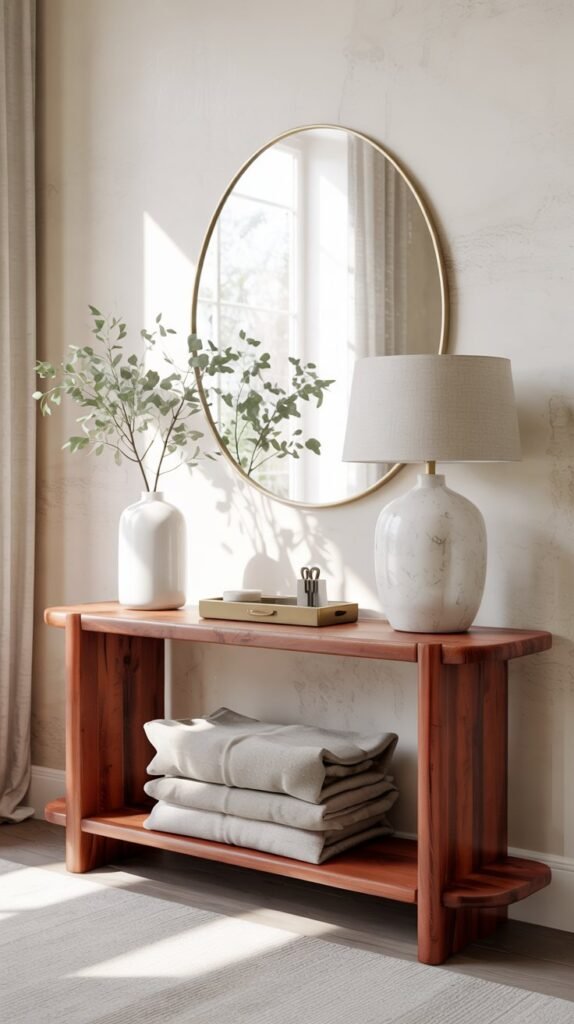 Cherry‑wood console table styled with a linen runner, white lamp, brass tray and eucalyptus in a vase.