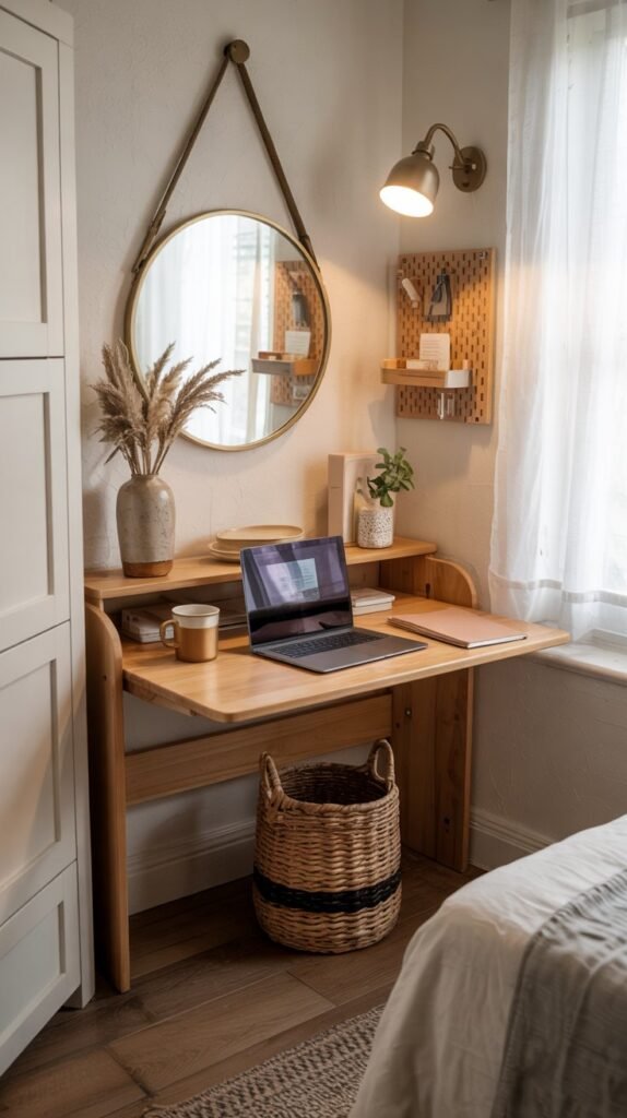 Compact birch fold‑down desk open against a neutral wall, styled with laptop, ceramic vase of dried grasses, and woven basket below.