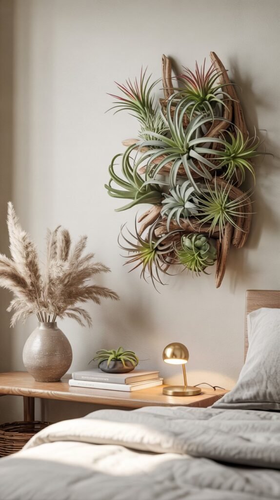 Driftwood-mounted air plants on a warm neutral bedroom wall above an oak shelf with ceramic vase and brass lamp.