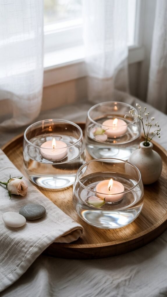 Three glass bowls with floating candles and rose petals on a wooden tray.