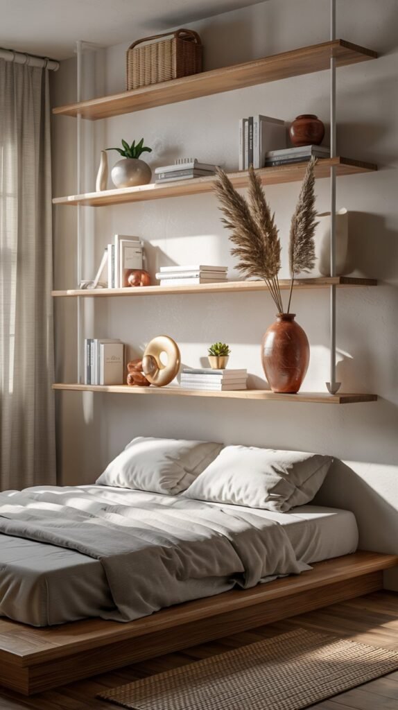 Floating wood shelf styled above a bed on a blush wall, creating airy small-bedroom storage