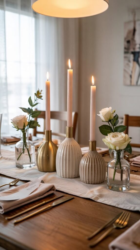 "Fluted taper holders in brass and ceramic with white tapers on a linen runner, styled with eucalyptus and small bud vases.