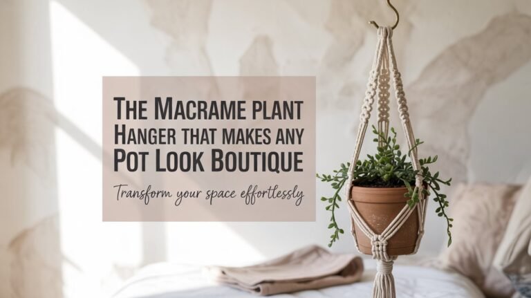 Macrame plant hanger with terracotta pot and centered text box