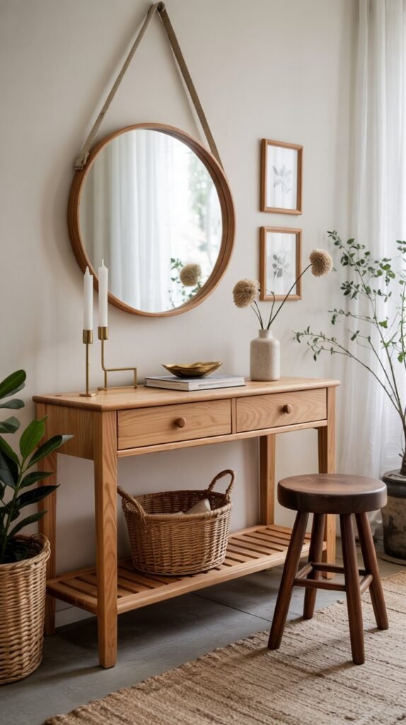 Light oak console styled with a cherry‑wood mirror and small cherry frames, walnut stool, woven basket and matte‑brass accents