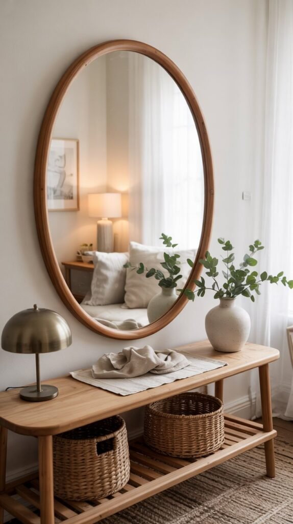 Oval cherry wood mirror above a slim console styled with a linen runner, white ceramic vase with eucalyptus, and a matte‑brass lamp in a light entryway.