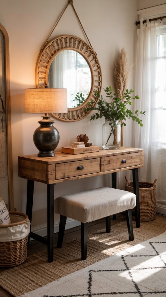 Reclaimed wood console with matte‑black legs under a round rattan mirror, table lamp, vase of eucalyptus, woven basket and layered rug