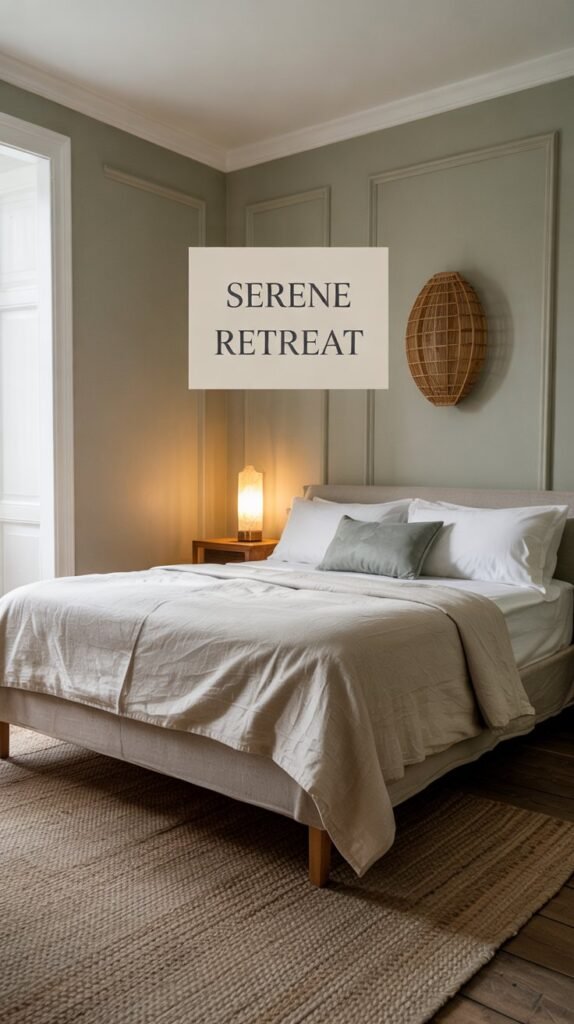 Sage green bedroom with natural linen bedding