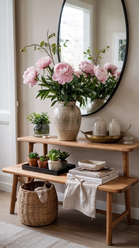 Three‑tier warm‑oak console with off‑center ceramic vase of seasonal blooms, brass key tray, succulents, stacked books and woven basket."