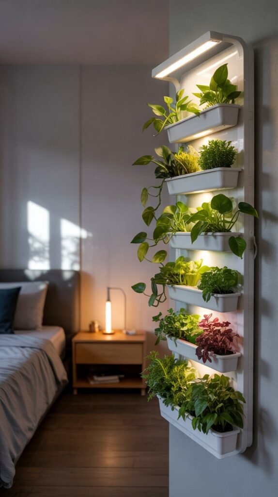 Slim vertical hydroponic wall panel with herbs and pothos growing under an LED grow light in a bedroom corner.