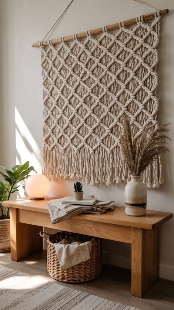 "Woven tapestry hung on adhesive hooks above a warm‑oak bench with linen throw, ceramic vase and woven basket.