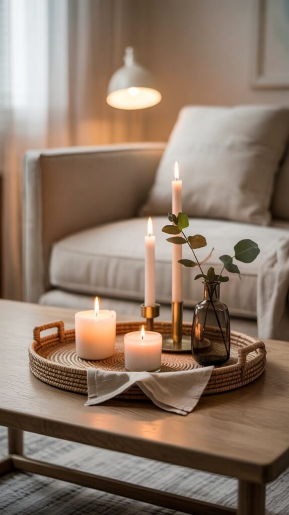 Woven tray on coffee table with arranged candles, matches, and small decorative elements in a cozy living room
