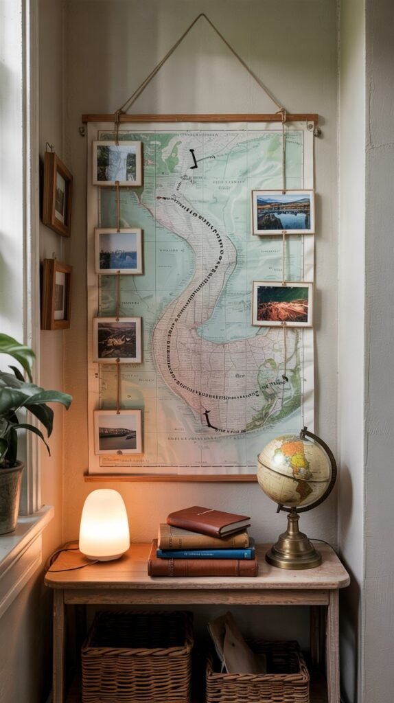Printed route map with a dotted route and chronologically arranged photos connected by thin twine above a slim wood console with travel journals and warm lamp glow.