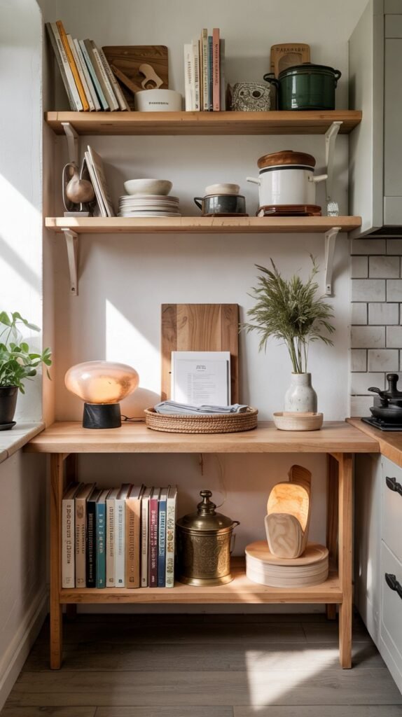 Soft, styled photo of a slim wood console with the lower shelf neatly filled with cookbooks arranged by size and colour