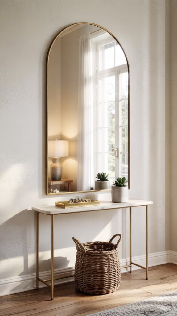 Statement round mirror above slim console table reflecting window light, with lamp, key tray and small plant.