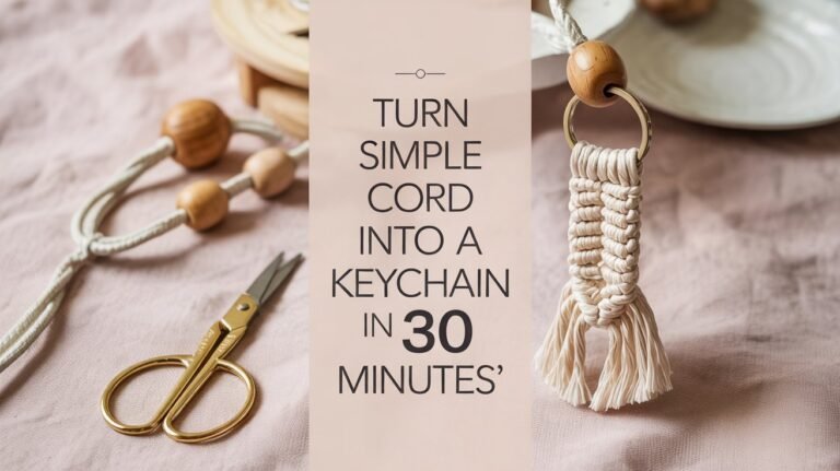 Cream macramé keychain with tassel on blush background.