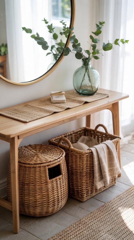 Two woven baskets under a light‑wood entryway table with a jute runner and sea‑glass vase airy summer storage styling.