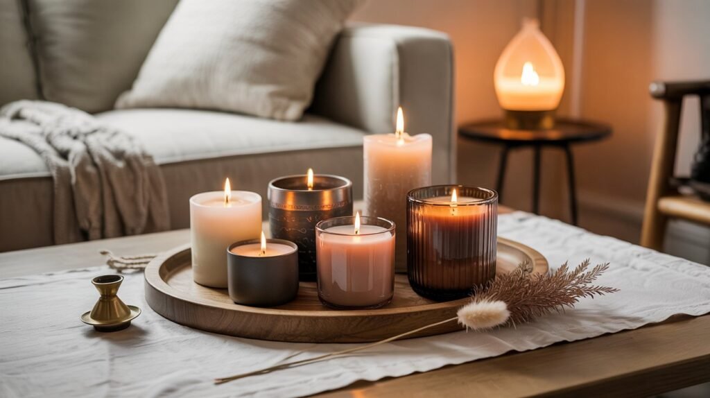 Clustered pillar candles in mixed brass, ceramic and glass holders on a wooden tray with dried eucalyptus.