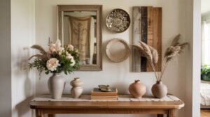 Warm‑neutral vignette of thrift‑flipped gallery wall over a slim wood console styled with ceramic vases and a matte‑brass lamp.