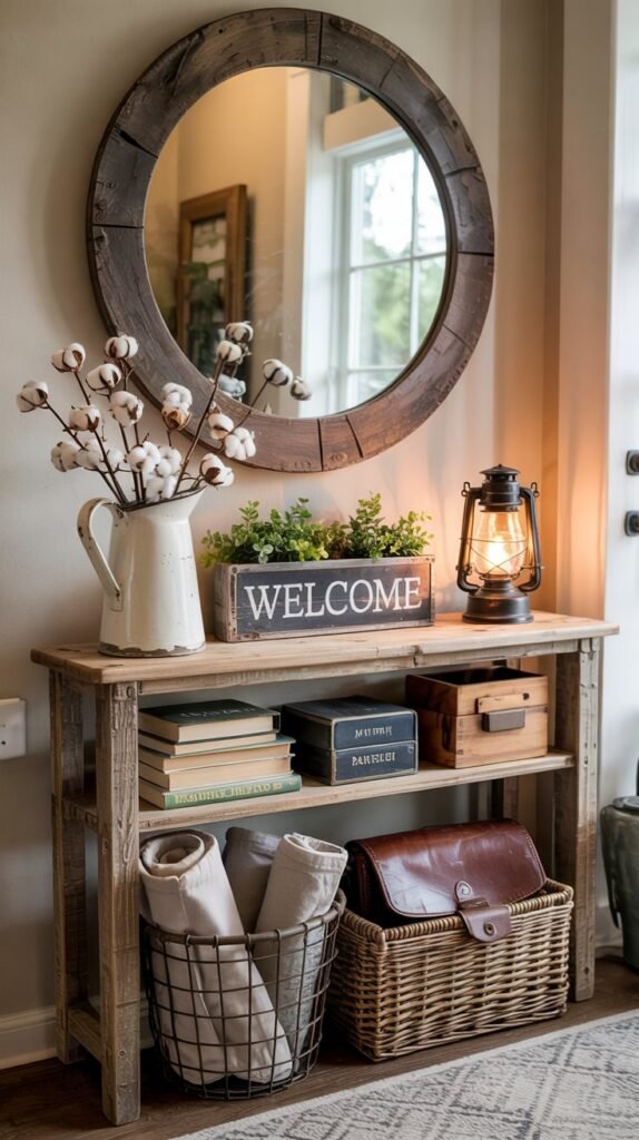 Reclaimed‑wood three‑tier console with white pitcher of cotton stems, wooden welcome sign, burlap‑lined wire baskets below