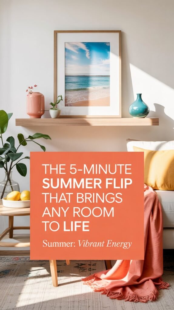 Bright summer wall styling with citrus art, turquoise vase and lemons on a light oak shelf, summer vibrant wall decor ideas.