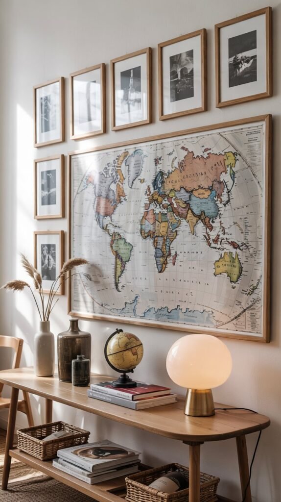 Cozy living room wall with a centered framed world map surrounded by a tidy 3x3 grid of warm‑wood travel photos, styled with ceramic vases and warm lamp glow.