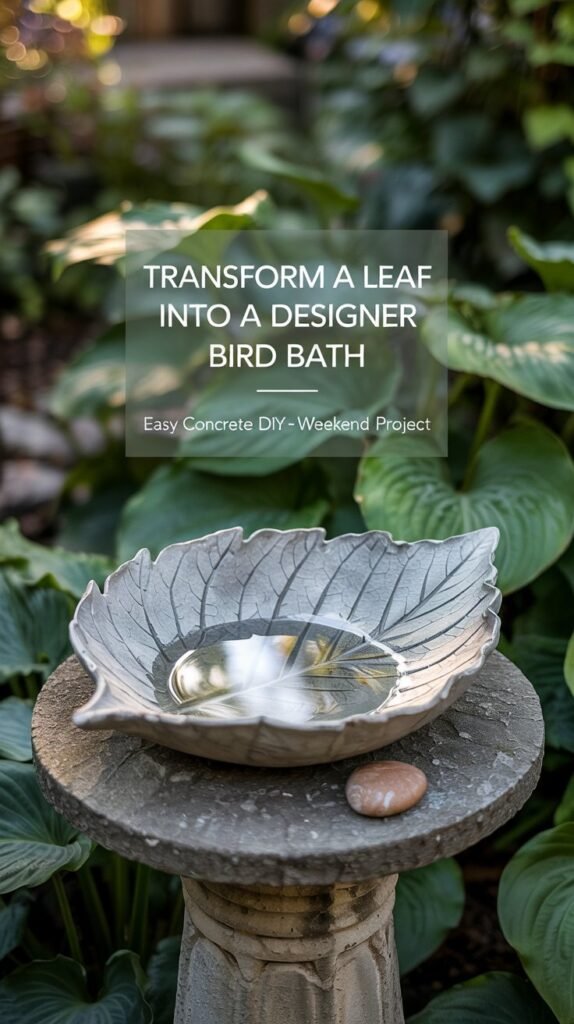 Concrete leaf bird bath on a stone pedestal in a garden