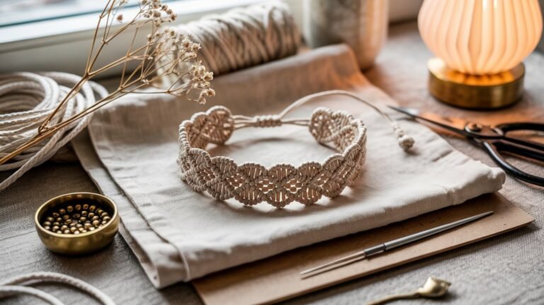 Natural cotton macrame bracelet on off‑white linen with beads, scissors, tape measure and dried flowers on a warm oak table