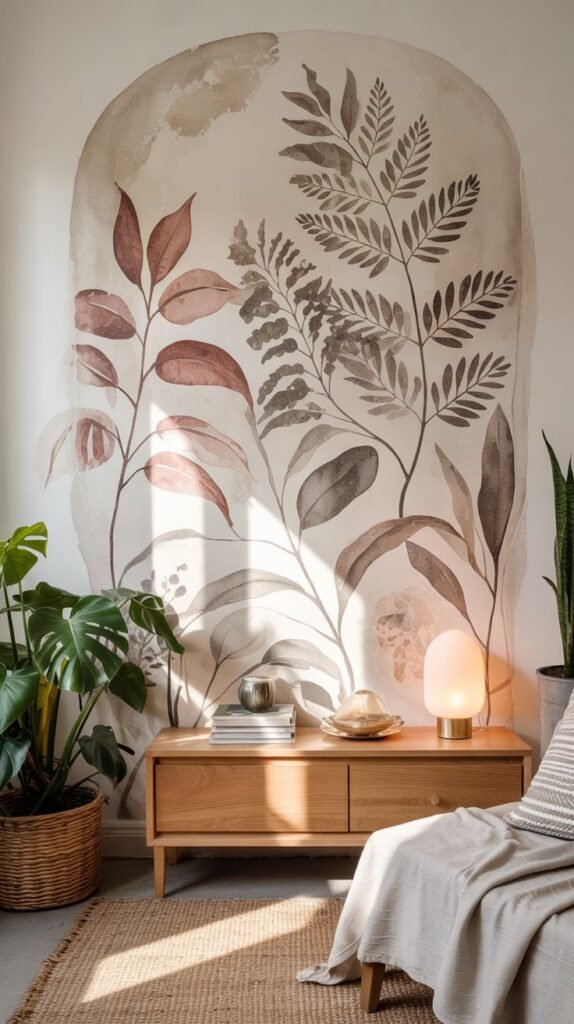 Living room vignette with a large removable vinyl mural, warm‑oak furniture, potted plant and textured styling