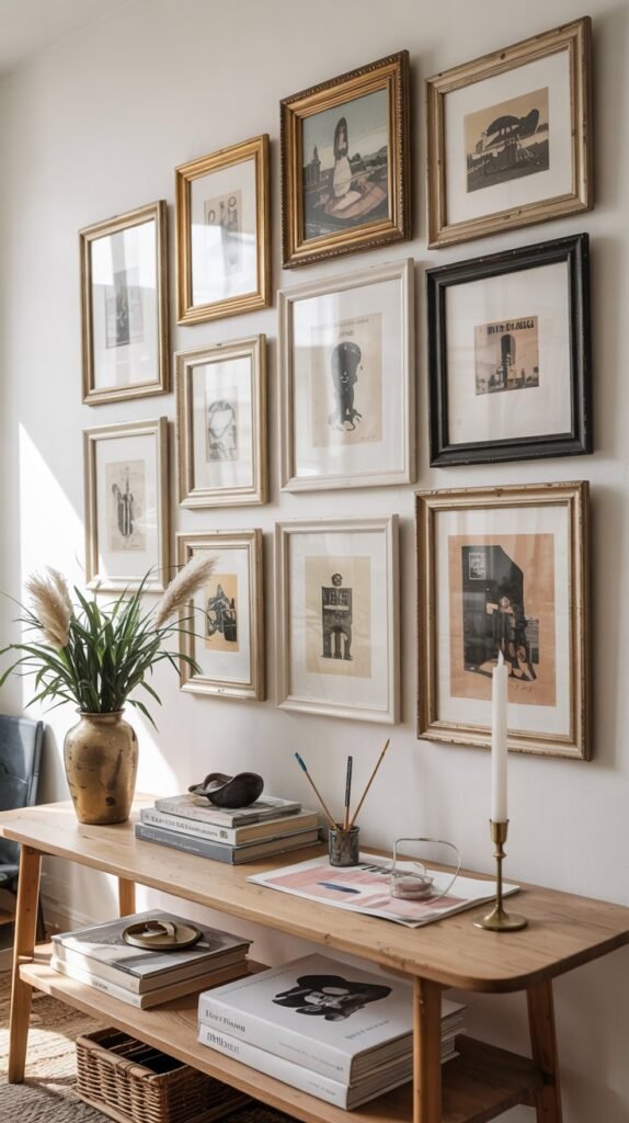 Cozy living room with a curated vintage-frame gallery wall above a wood console styled with a vase of dried grasses and stacked books.