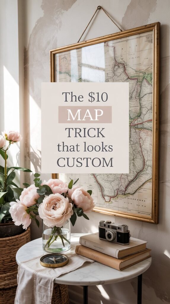 Framed vintage map in a distressed gold frame on a soft-blush wall, styled with pale peonies, a brass compass and linen journals