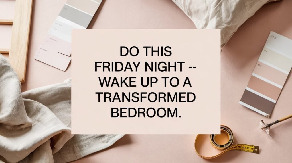 Weekend bedroom makeover prep flat-lay with paint swatches, measuring tape and floorplan, centered text box