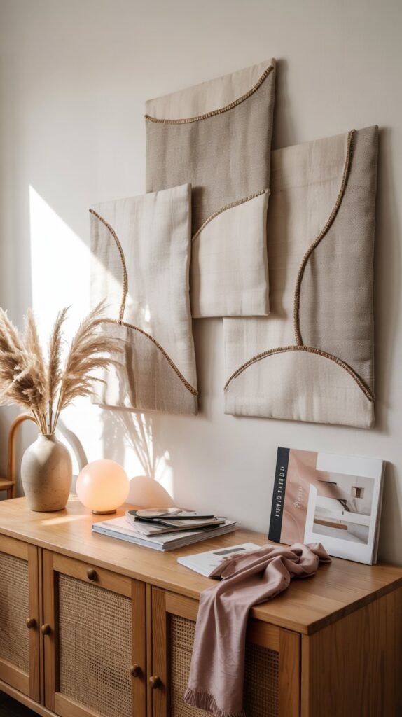 Three decorative panels with layered fabric collage above a styled oak console with craft tools and vase.