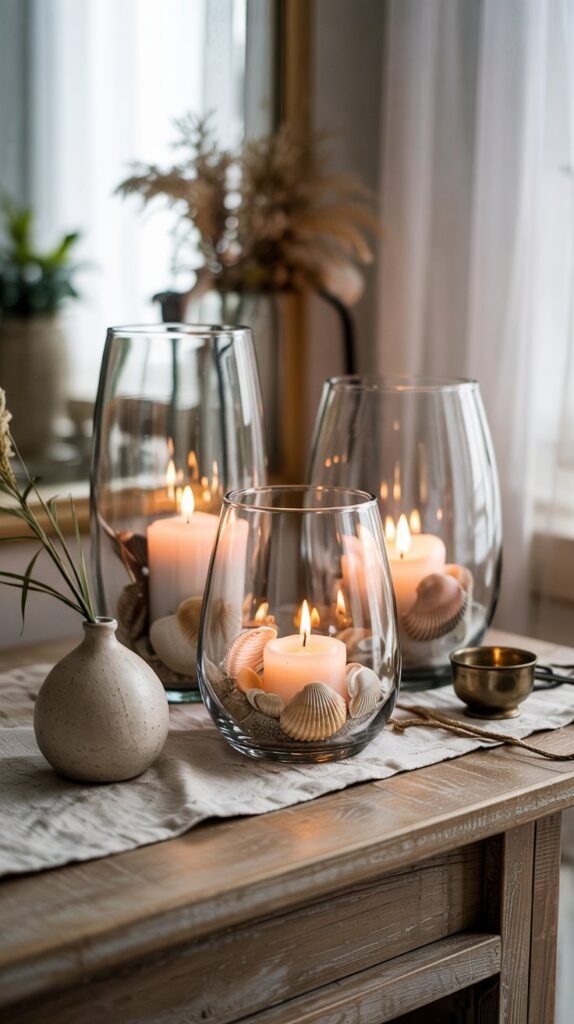 Three glass hurricane candle holders on a wooden table with sand and shells