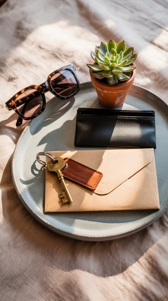 decorative tray with key, folded mail, wallet and small plant on pale background.