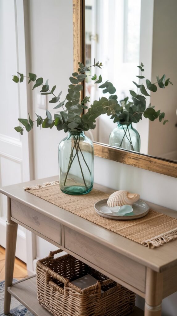 Pale sea‑glass vase with eucalyptus on a light‑wood entryway table and woven runner airy coastal summer styling.