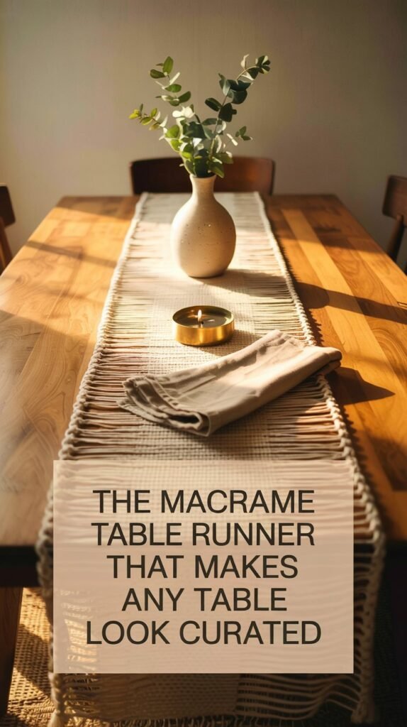 Handcrafted macrame table runner on a light wood table