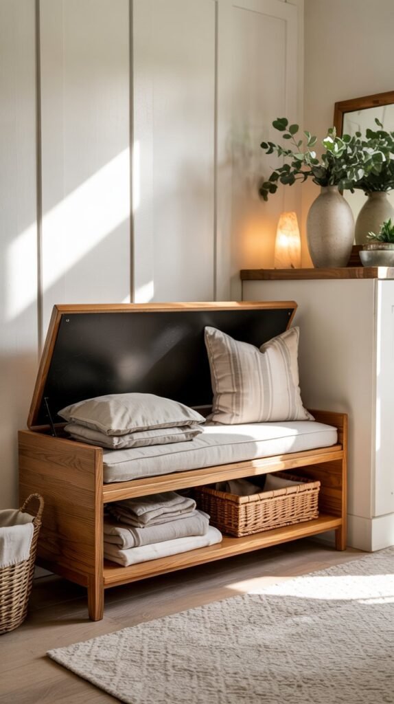 Modern bench with lift‑top hidden storage, linen cushion, woven basket underneath, styled with vase of eucalyptus and layered rugs