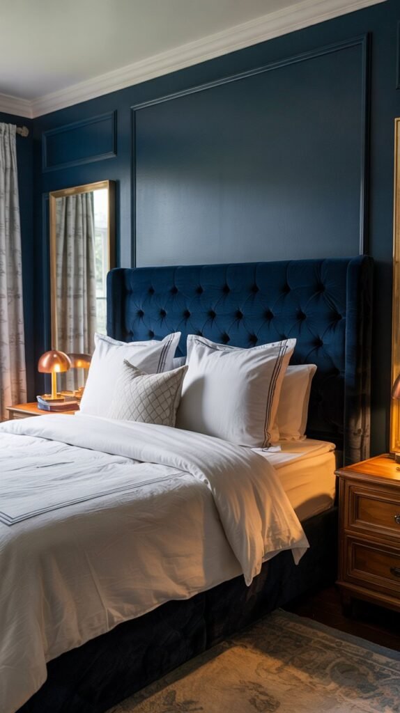 Hale Navy wall with navy velvet headboard, brushed-brass lamps, white linen bedding and warm wood nightstand