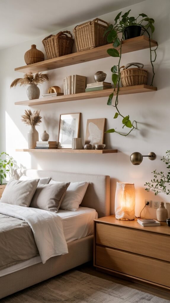 Three shallow oak shelves above a bed styled with seagrass baskets, linen books, dried pampas, and a trailing plant